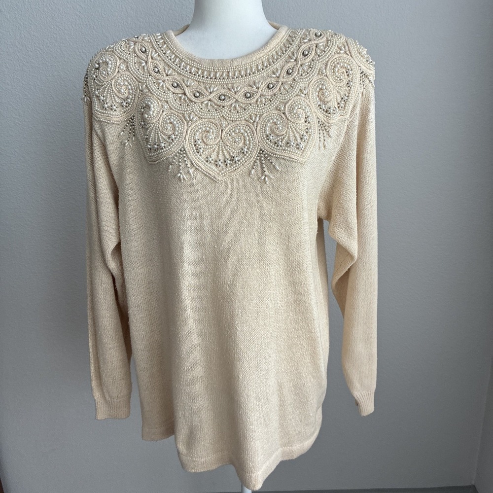 Vintage Cervelle Womens Silk Ramie Beaded Sweater Grandmacore Large Retro Padded